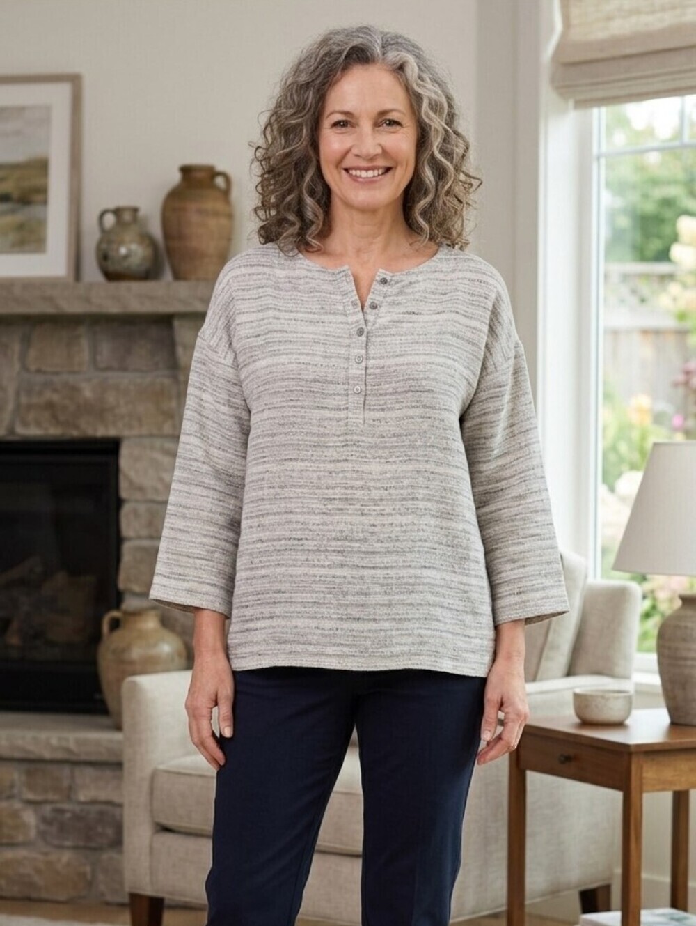 J Jill Top, Size Medium, Pure Jill Linen, Gray, Oversized Whit Pockets
